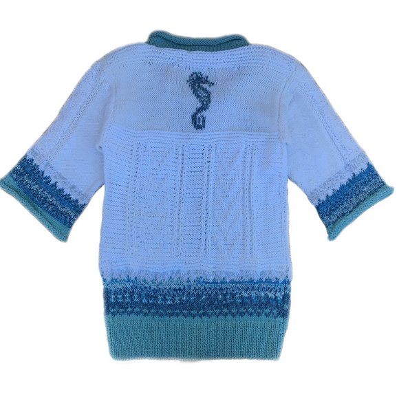 New! Handknit Mommy & Mini White Aqua Shades Seahorse Cardigan & Hat from NKS - Picture 3 of 9